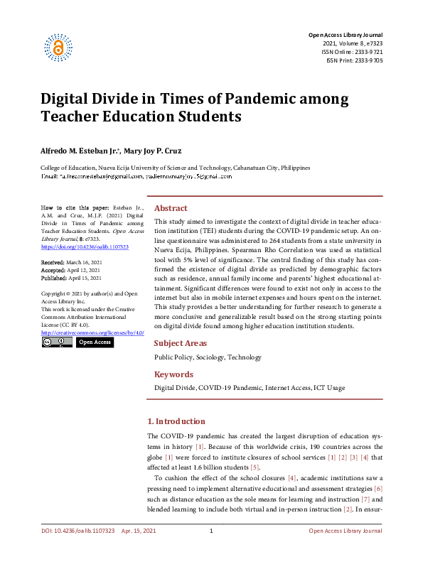 (PDF) Digital Divide in Times of Pandemic among Teacher Education Students
