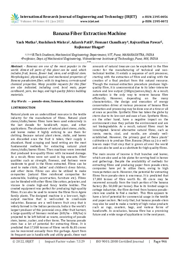 (PDF) Banana Fiber Extraction Machine IRJET Journal Academia.edu