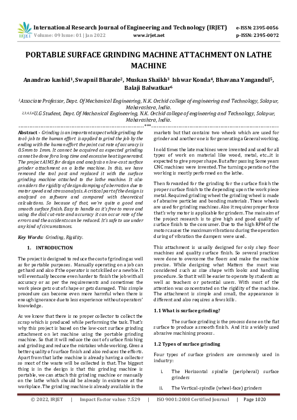 (PDF) PORTABLE SURFACE GRINDING MACHINE ATTACHMENT ON LATHE MACHINE