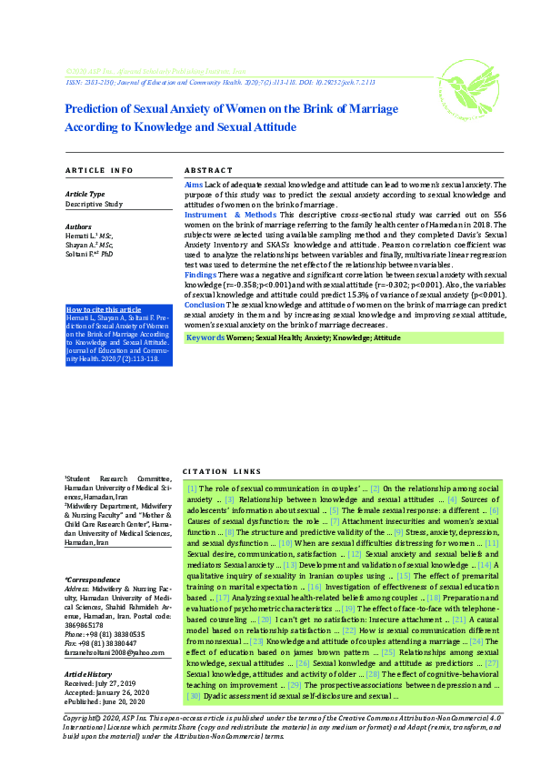 (PDF) Prediction of Sexual Anxiety of Women on the Brink of Marriage ...