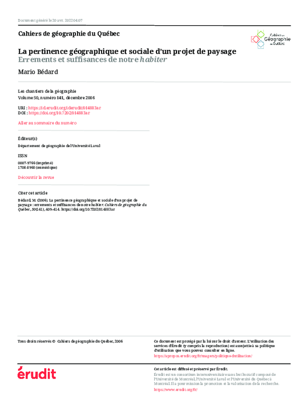 (PDF) La pertinence géographique et sociale d’un projet de paysage