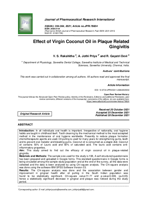 (PDF) Effect of Virgin Coconut Oil in Plaque Related Gingivitis