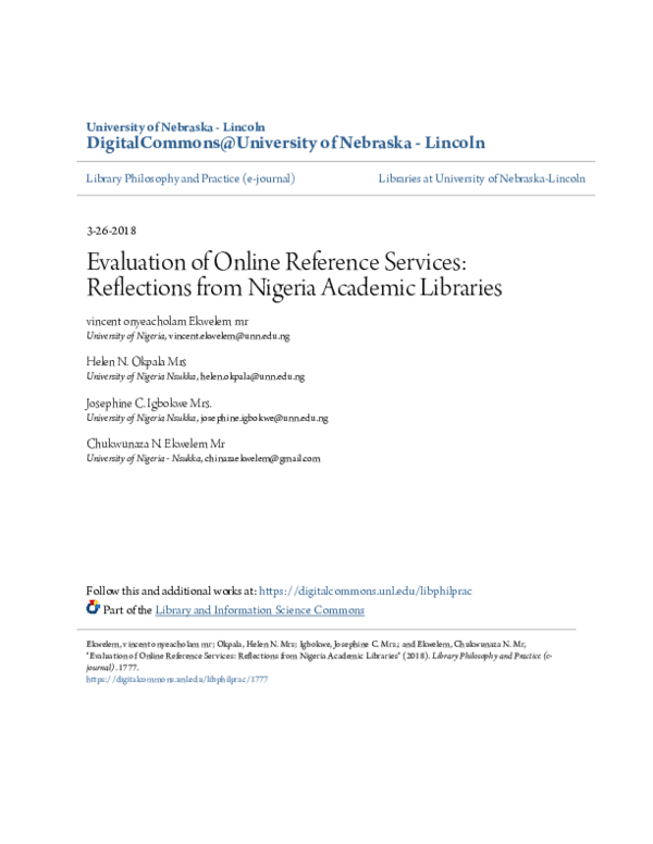 (PDF) Evaluation of Online Reference Services: Reflections from Nigeria ...