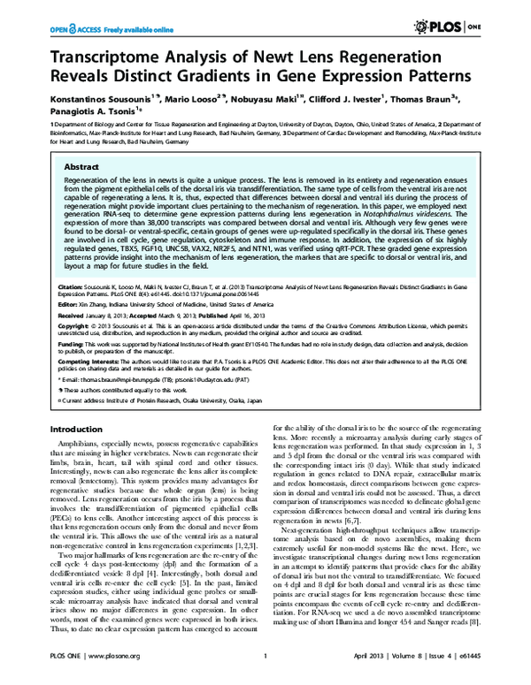(PDF) Transcriptome Analysis of Newt Lens Regeneration Reveals Distinct ...