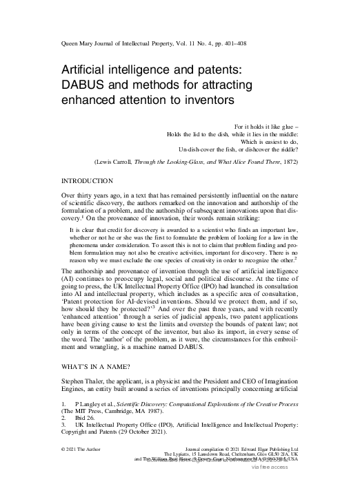 (PDF) Artificial intelligence and patents: DABUS and methods for ...