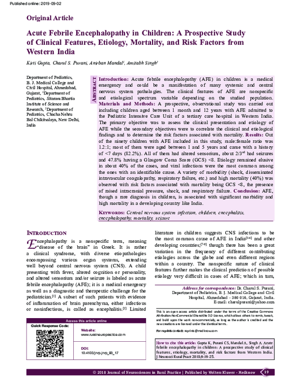 (PDF) Acute Febrile Encephalopathy in Children: A Prospective Study of ...