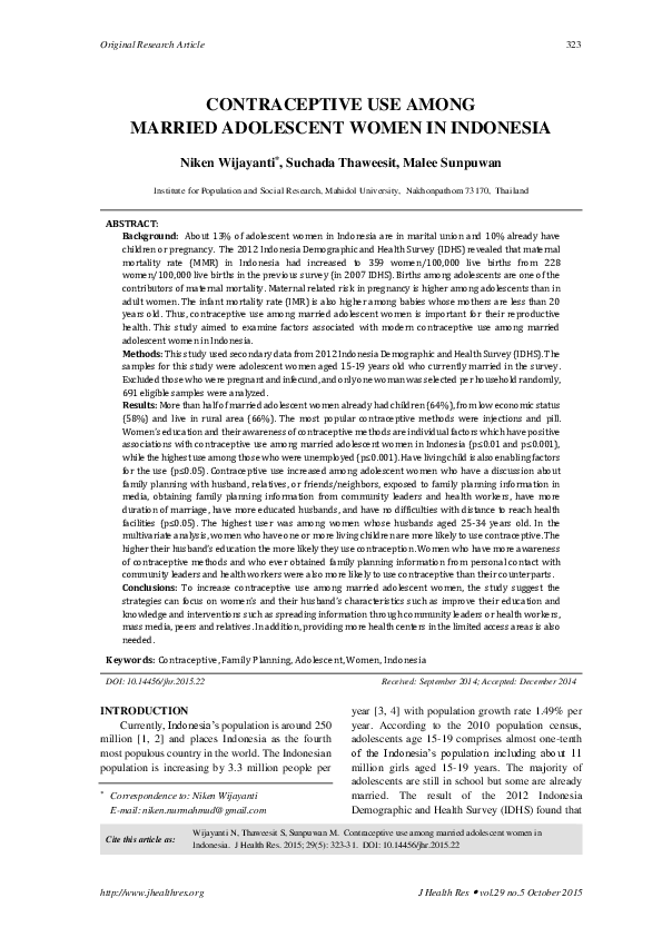 (PDF) Contraceptive Use Among Married Adolescent Women in Indonesia