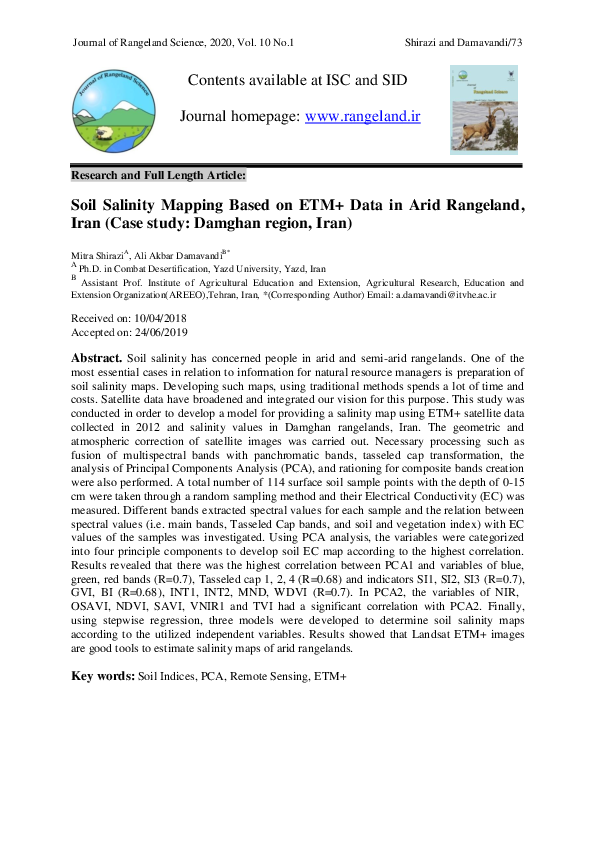 (PDF) Soil Salinity Mapping Based on ETM+ Data in Arid Rangeland, Iran ...