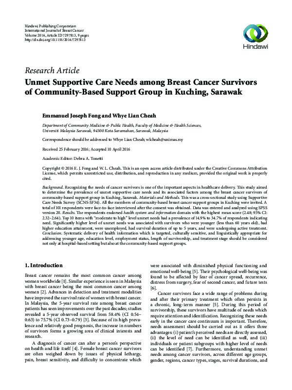 (PDF) Unmet Supportive Care Needs among Breast Cancer Survivors of ...
