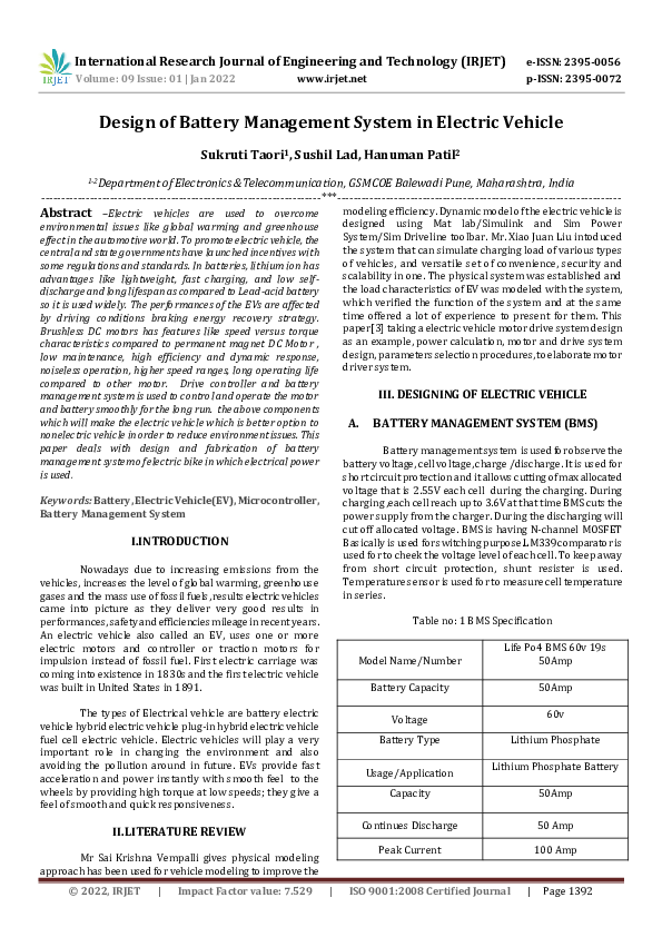 (PDF) Design of Battery Management System in Electric Vehicle IRJET