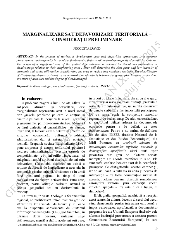 (PDF) Marginalizare Sau Defavorizare Teritorială – Consideraţii Preliminare