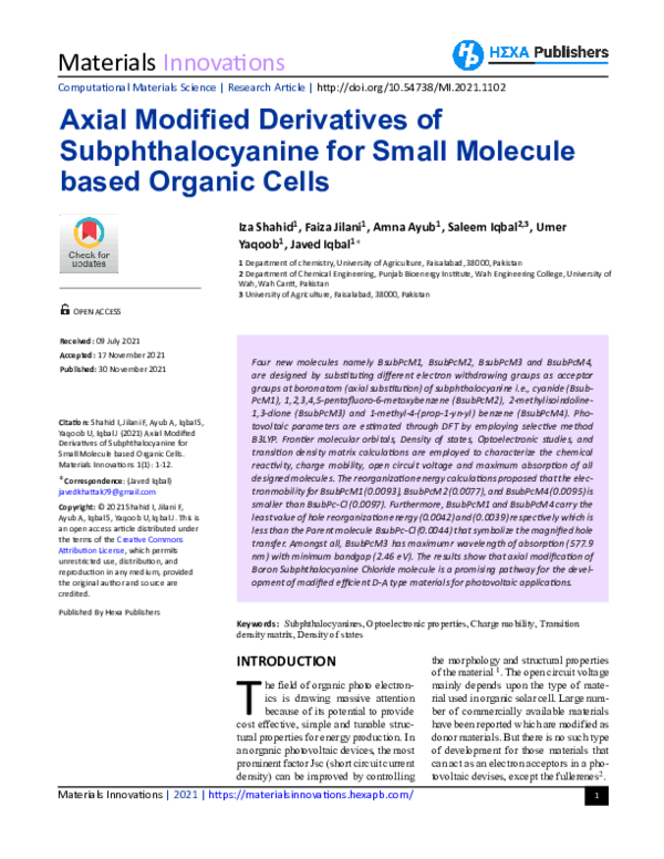 (PDF) Axial Modified Derivatives of Subphthalocyanine for Small ...