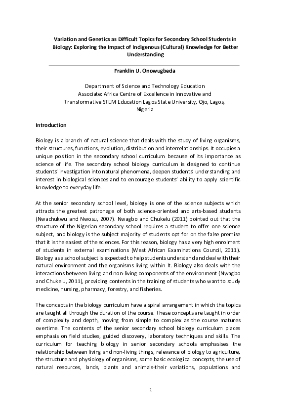(PDF) Variation and Genetics as Difficult Topics for Secondary School ...