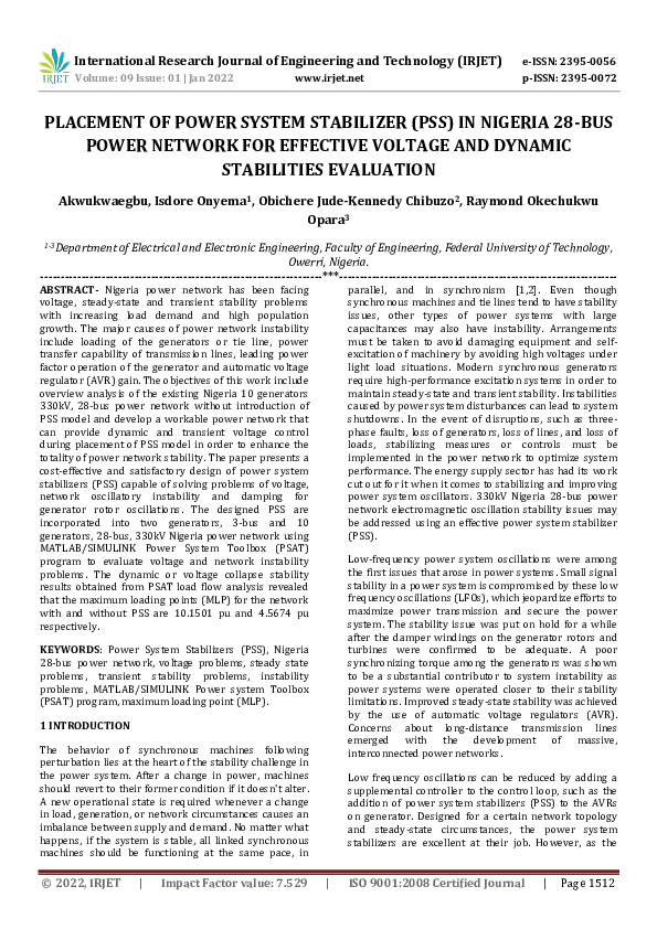 (PDF) PLACEMENT OF POWER SYSTEM STABILIZER (PSS) IN NIGERIA 28-BUS ...