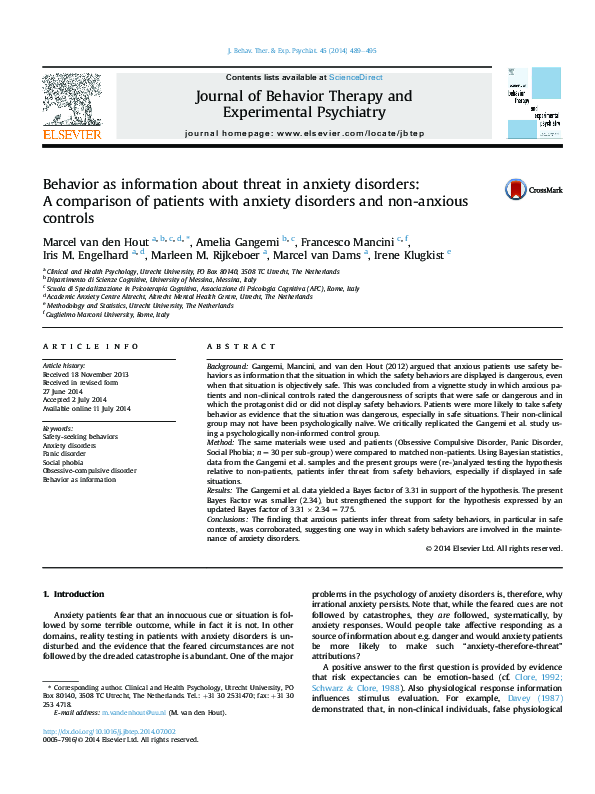 (PDF) Behavior as information about threat in anxiety disorders: A ...