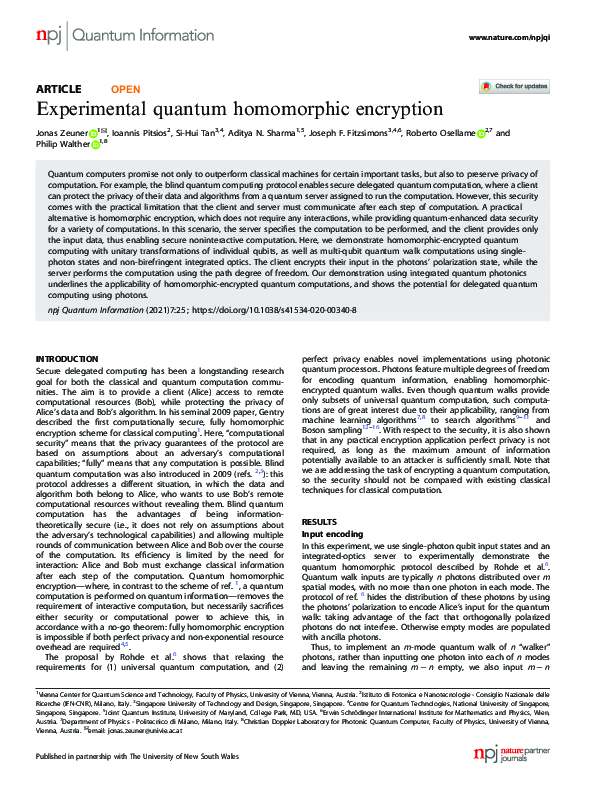 (PDF) Experimental quantum homomorphic encryption