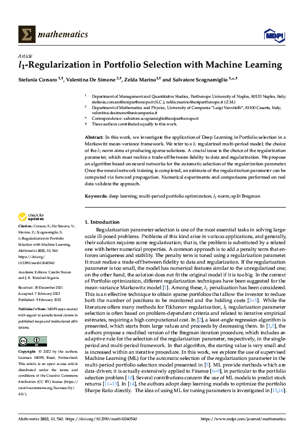 (PDF) l1-Regularization in Portfolio Selection with Machine Learning