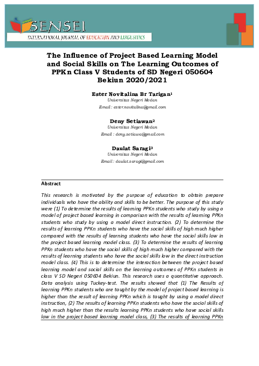 (PDF) The Influence of Project Based Learning Model and Social Skills ...