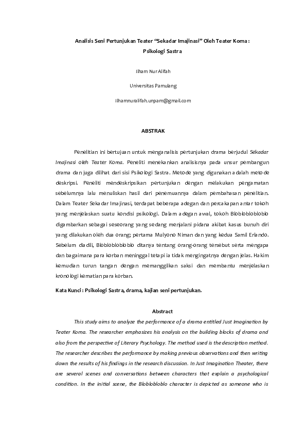 (DOC) Analisis Seni Pertunjukan Teater "Sekadar Imajinasi" Oleh Teater