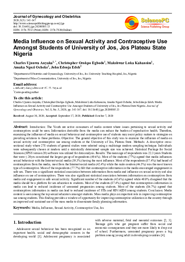 (PDF) Media Influence on Sexual Activity and Contraceptive Use Amongst ...