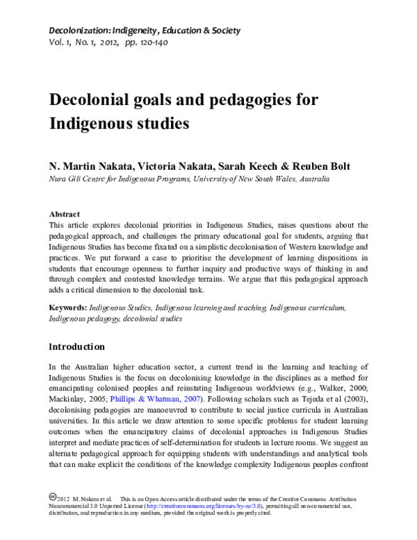 (PDF) Decolonial goals and pedagogies for Indigenous studies