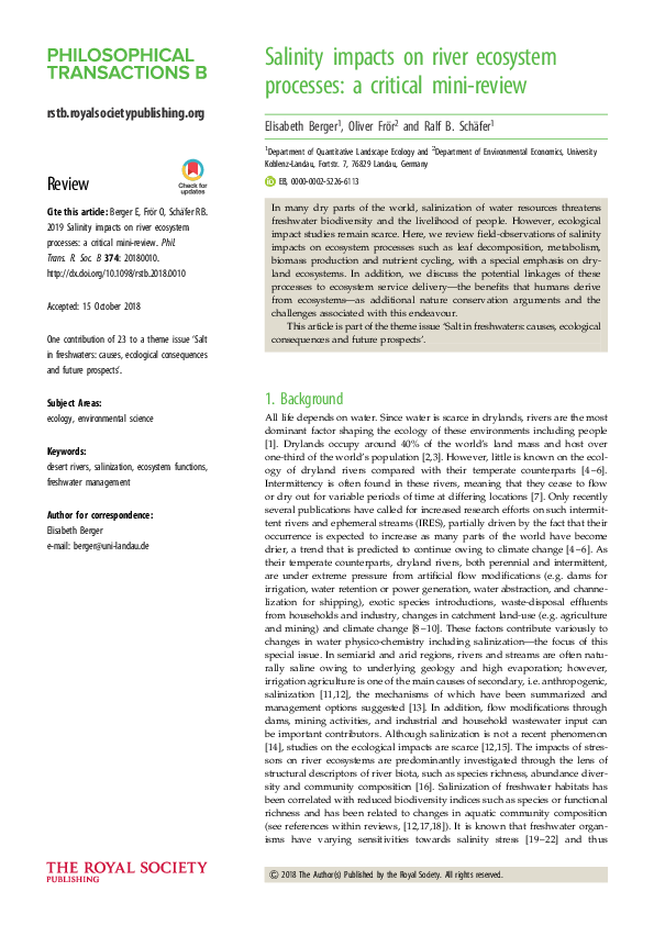 (PDF) Salinity impacts on river ecosystem processes: a critical mini-review