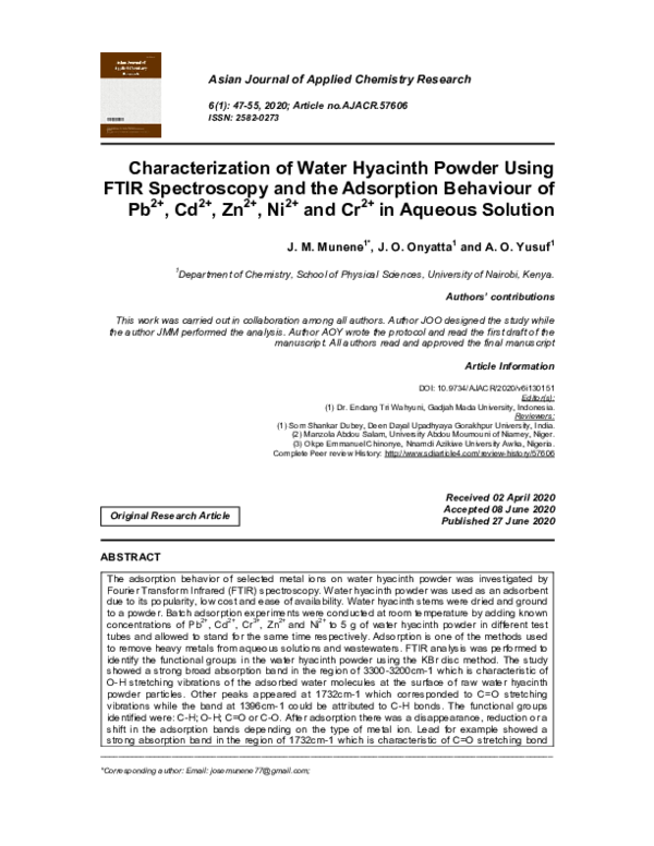 (PDF) Characterization of Water Hyacinth Powder Using FTIR Spectroscopy ...