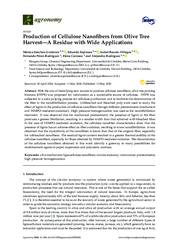 (PDF) Production of Cellulose Nanofibers from Olive Tree Harvest—A ...