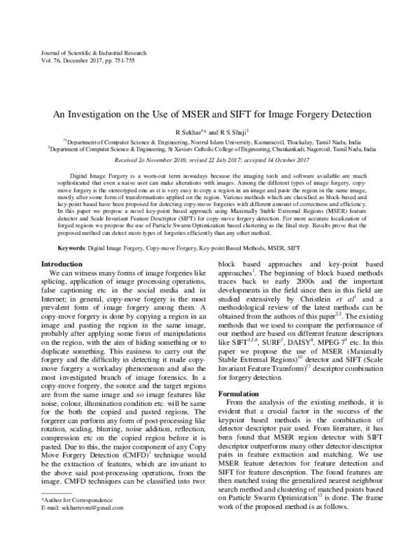 (PDF) An Investigation on the Use of MSER and SIFT for Image Forgery ...