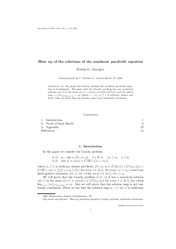 (PDF) Blow up of the solutions of the nonlinear parabolic equation