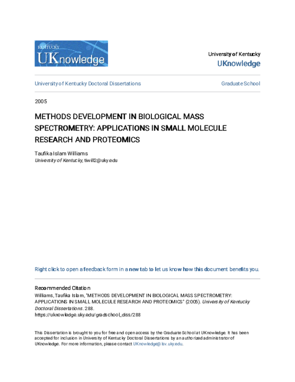 Pdf Methods Development In Biological Mass Spectrometry Applications In Small Molecule Research And Proteomics Taufika Islam Williams Academia Edu