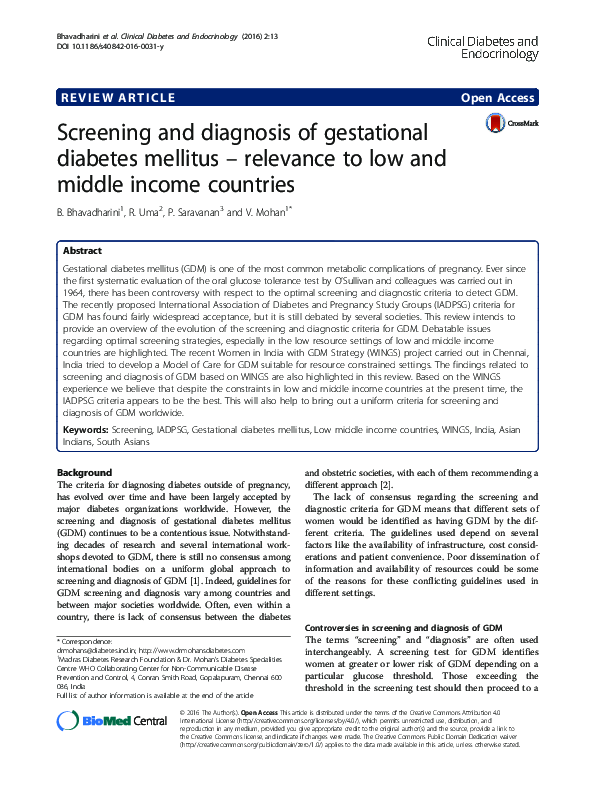 (PDF) Screening and Diagnosis of Gestational Diabetes Mellitus