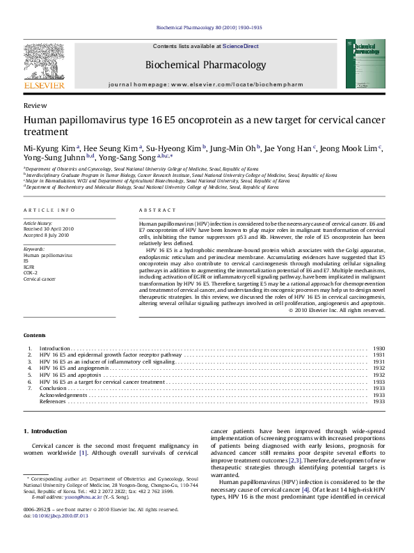 (PDF) Human papillomavirus type 16 E5 oncoprotein as a new target for ...