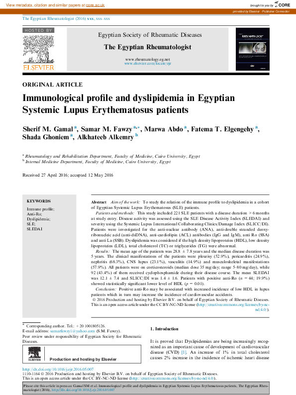 (PDF) Immunological profile and dyslipidemia in Egyptian Systemic Lupus ...