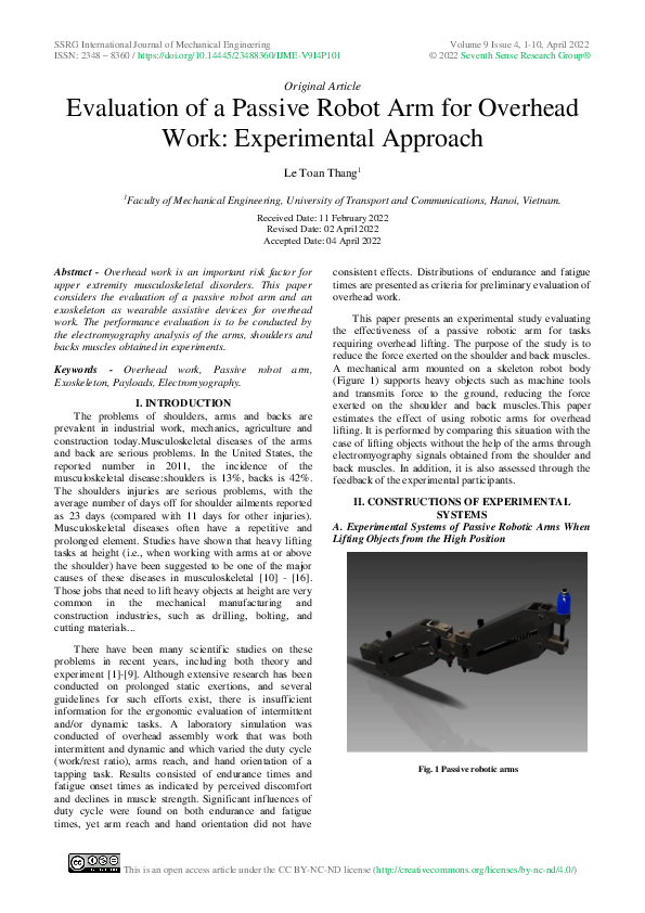 (PDF) Evaluation of a Passive Robot Arm for Overhead Work: Experimental ...