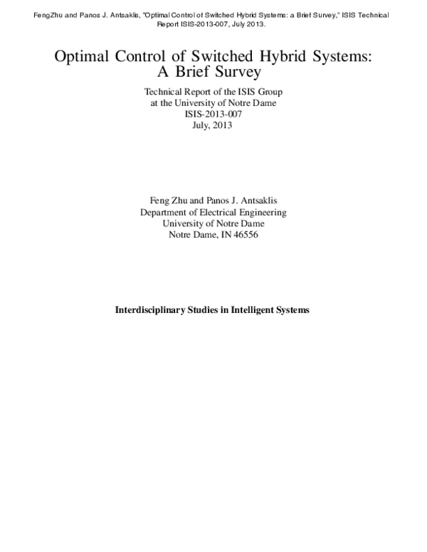 (PDF) Optimal Control of Switched Hybrid Systems: A Brief Survey