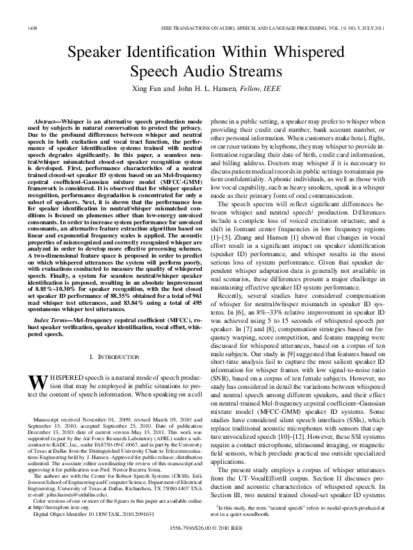 (PDF) Speaker Identification Within Whispered Speech Audio Streams