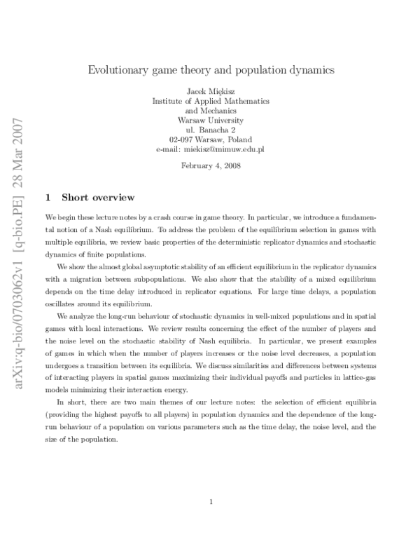 (PDF) Evolutionary game theory and population dynamics