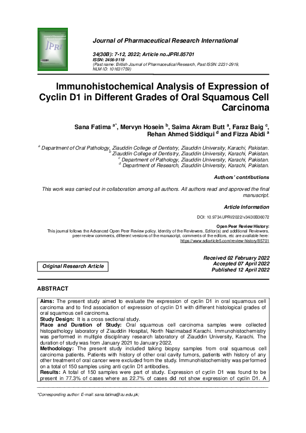 (PDF) Immunohistochemical Analysis of Expression of Cyclin D1 in ...