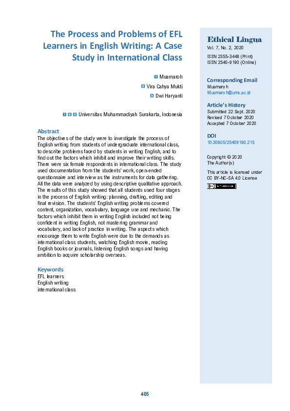 (PDF) The Process and Problems of EFL Learners in English Writing