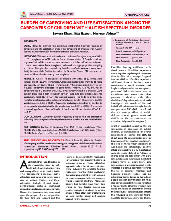 (PDF) Burden of Caregiving and Life Satisfaction Among the Caregivers ...