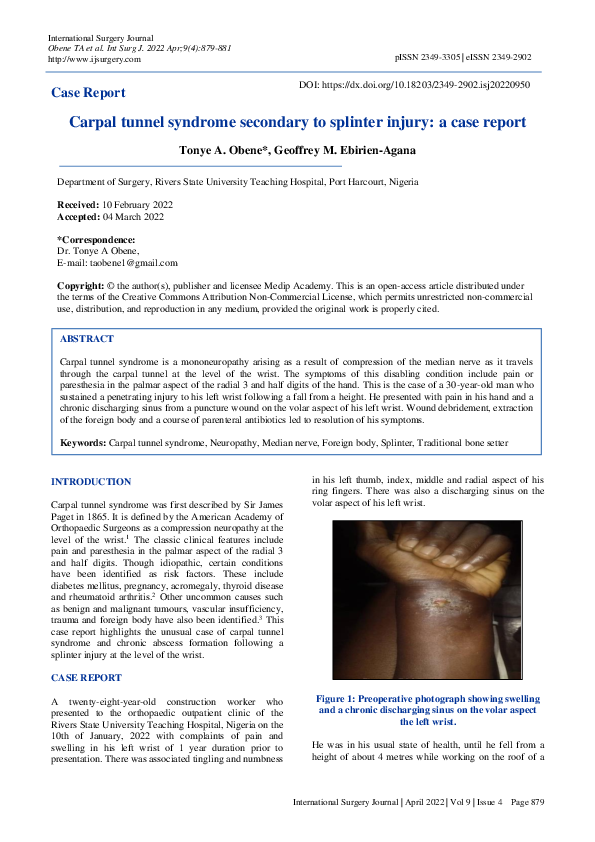 (PDF) Carpal tunnel syndrome secondary to splinter injury: a case ...