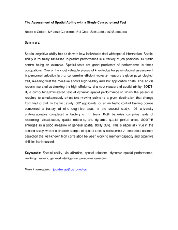 (PDF) The Assessment of Spatial Ability with a Single Computerized Test