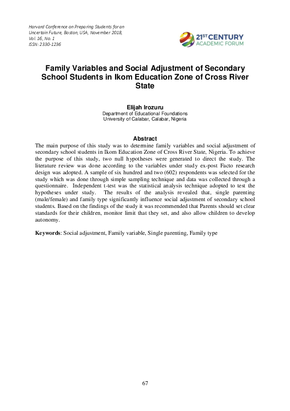 (PDF) Family Variables and Social Adjustment of Secondary School ...