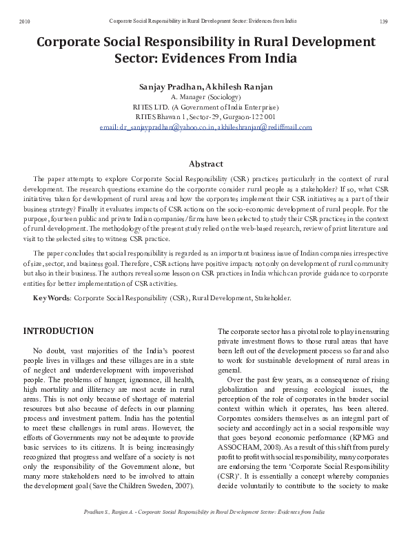 (PDF) Corporate Social Responsibility in Rural Development Sector ...