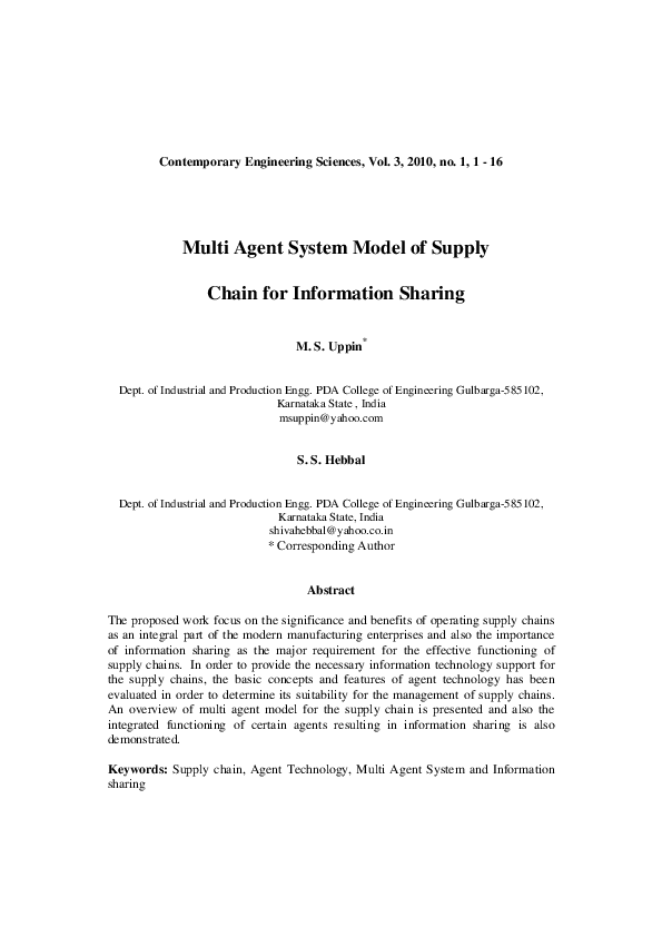 (PDF) Multi Agent System Model of Supply Chain for Information Sharing