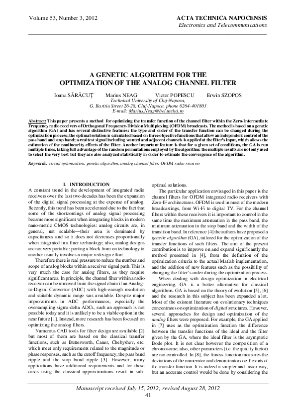 (PDF) A Genetic Algorithm for the Optimization of the Analog Channel Filter