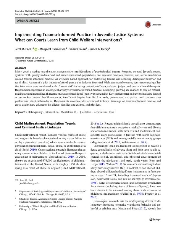 (PDF) Implementing Trauma-Informed Practice in Juvenile Justice Systems ...