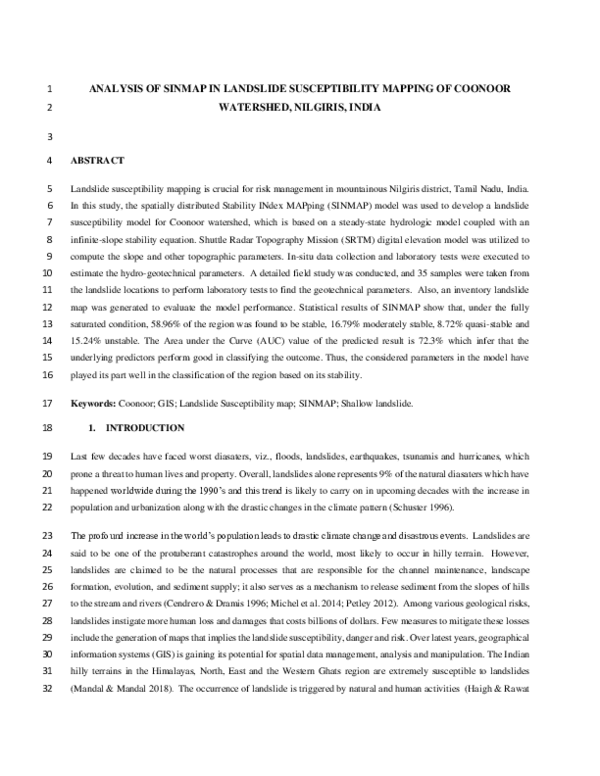 (PDF) Analysis of Sinmap in Landslide Susceptibility Mapping of Coonoor ...