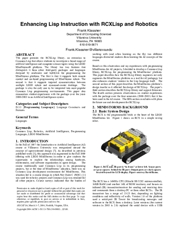 (PDF) Enhancing lisp instruction with RCXLisp and robotics